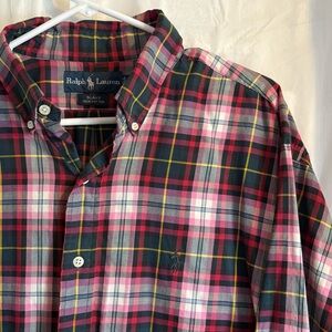 Ralph Lauren Mens Plaid Long Sleeve Shirt Size Large Blake 100% Cotton Pink Pony